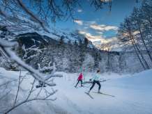 Grindelwald Grund cross-country ski trail. The snow-covered Eiger can be seen in the background.