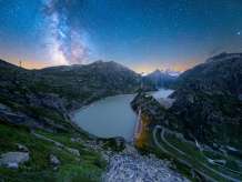 The Grimsel Pass and reservoir at night in the spring.
