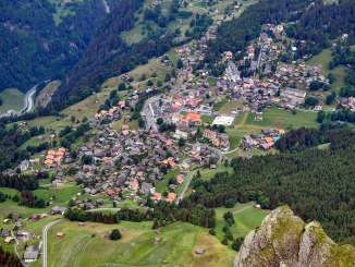 Aerial view of the village of Wengen in the summer.
