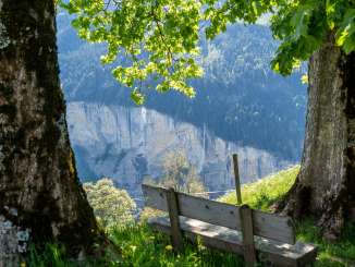 The Staubbachbänkli is located between two trees in Wengen. It offers a view of the Staubbach Falls.