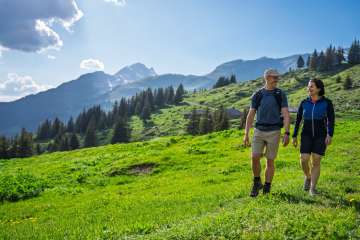 Zwei Wandernde sind auf einem Wiesenweg an der Grossen Scheidegg unterwegs. Umgeben von saftig grünen Alpweiden und dichten Bergwäldern geniessen sie die Aussicht auf die umliegende Berglandschaft unter einem sonnigen Himmel mit lockeren Wolken.