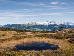 Un petit lac de montagne est niché au cœur d'un paysage aride, parsemé d'arbustes et d'herbe. À l'arrière-plan, on aperçoit des sommets enneigés et un ciel bleu.