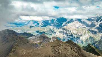 The Schilthorn and Piz Gloria in summer, photographed from a bird's-eye view