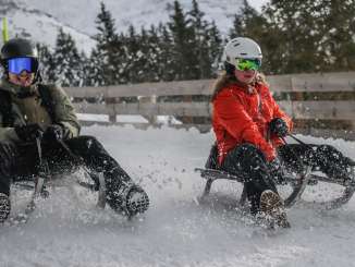 Deux personnes font de la luge en hiver dans la neige, de la Kleine Scheidegg à Wengen. À l'arrière-plan, on aperçoit des sapins et des arbres enneigés.