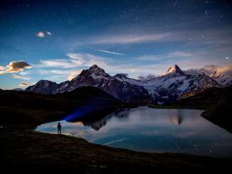 Le lac de Bachalp la nuit, sous un ciel étoilé, avec une personne équipée d'une lampe frontale. 