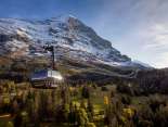Die Eiger Express-Seilbahn im Frühling, mit grüner Landschaft im Vordergrund, schneebedeckten Bergen im Hintergrund und blauem Himmel.