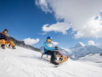 Sledding route: First – Faulhorn – Bussalp. The route offers a breathtaking panoramic view of the Eiger and the surrounding mountain range.