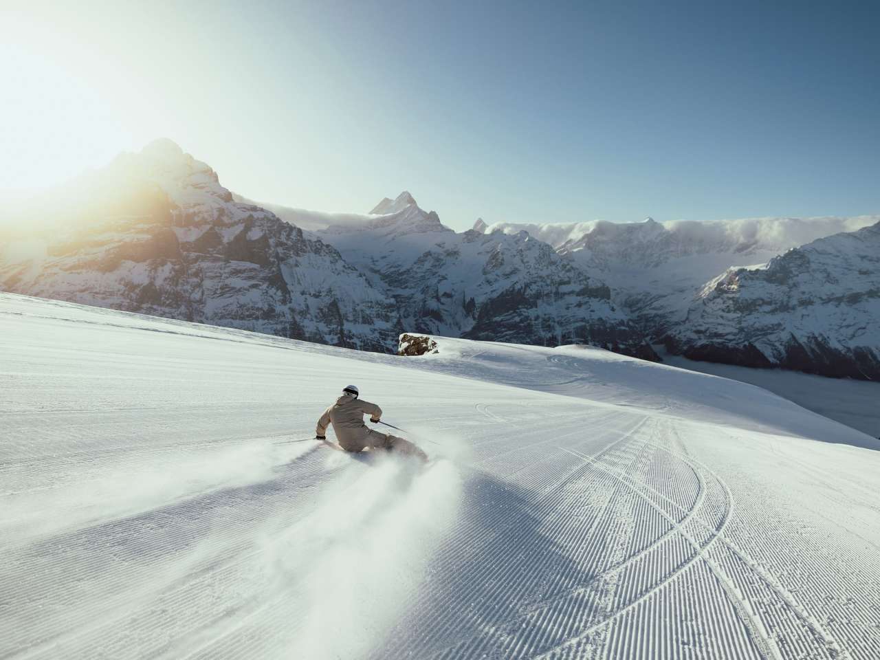 Skiers on the First in the morning sun.