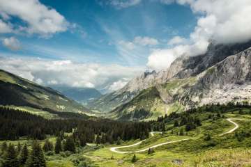 Grose Scheidegg mit der Strasse und den Tannenwäldern. Im Hintergrund ziehen Wolkenfelder vorbei.