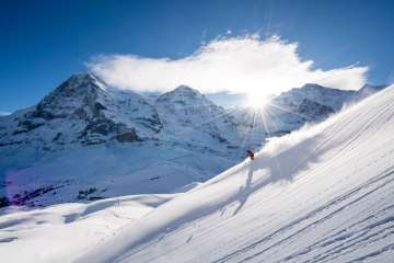 Skiing in the Grindelwald–Wengen ski area. Skiers carve beautiful turns through the snow. In the background, you can see the Eiger, Mönch, and Jungfrau.
