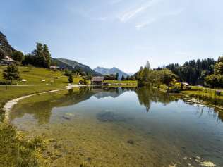 Der Blick über den Badesee zeigt grüne Wiesen, verstreute Häuser und Wälder im Hintergrund. In der Mitte spiegelt sich das kleine Holzhaus im Wasser, während die Berglandschaft die idyllische Szenerie vollendet.