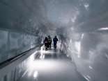 A group of people walking around in the ice palace.