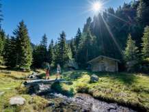 Zwei Wanderer unterwegs auf dem Säumerweg in Gadmen. Sie überqueren den Bergbach auf einer kleinen Holzbrücke vor einer Alphütte. Die Sonne scheint oberhalb der Tannen auf die Lichtung.