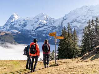 Wanderung über dem Nebelmeer in Mürren. Die Aussicht auf das Bergpanorama mit Eiger, Mönch und Jungfrau hinter dem Nebelmeer ist atemraubend schön. Als Orientierung dienen die Wegweiser.