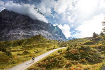Road cyclists on the road to Grosse Scheidegg, with a view of the Wetterhorn and the Alpine landscape.