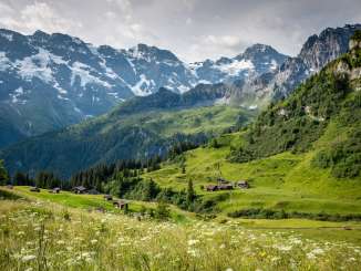 View from Schiltalp down into the valley, with flower-filled meadows in the foreground and the snow-capped Mittagshorn (left) and Breithorn (right) in the background.