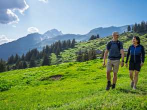 Two hikers are walking along a meadow path on the Grosse Scheidegg. Surrounded by lush green alpine meadows and dense mountain forests, they enjoy the view of the surrounding mountain landscape under a sunny sky dotted with scattered clouds.