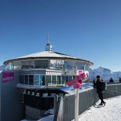 The Schilthorn in winter. In the background is the mountain panorama surrounding the Eiger, Mönch, and Jungfrau.