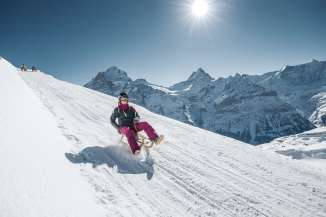 Sledding route: First – Faulhorn – Bussalp. The route offers a breathtaking panoramic view of the Eiger and the surrounding mountain range.