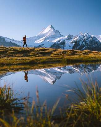 Wanderung beim Bachalpsee, mit verschneitem Schreckhorn im Hintergrund.