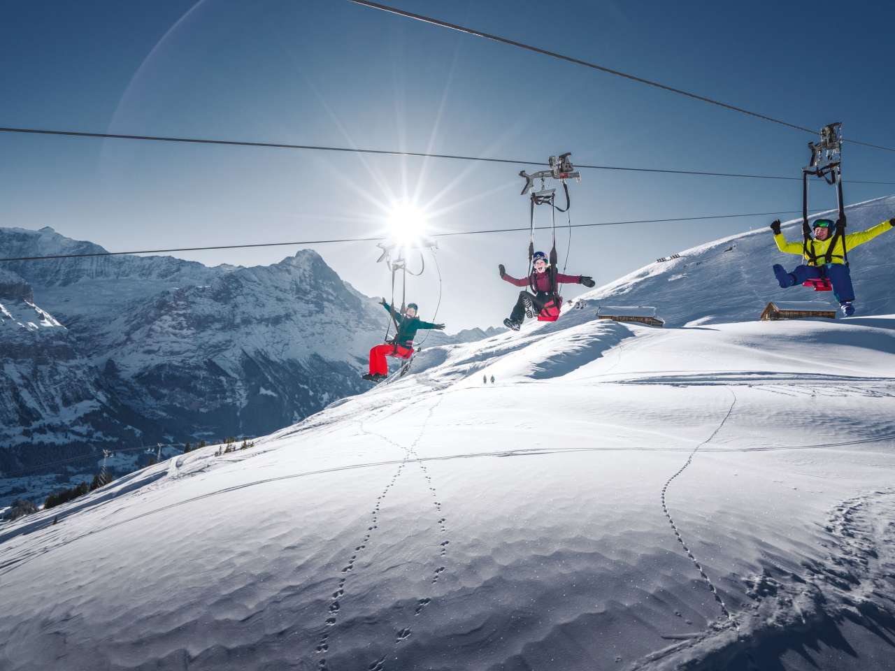 Three people race down the mountain on the First Flyer. In the background, the sun shines over the snow-covered Eiger.