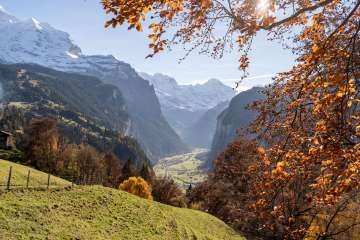 View of the Lauterbrunnen Valley from Wengen. The snow-capped mountain peaks can be seen in the background.