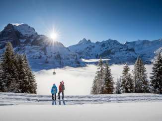 Winterwanderung auf verschneiten Winterwanderwegen rund um Grindelwald. Die Wanderer geniessen den sonnigen Tag und imposanten Ausblick auf den Eiger.